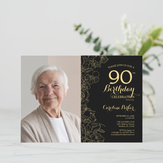 Elegant Zwart Goud Bloemen Foto 90e Verjaardag Kaart (Staand voorkant)