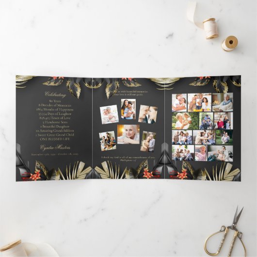 Elegant Zwart Goud Bloemen Foto Begrafenisprogramm Drieluik Uitnodiging (Binnen)