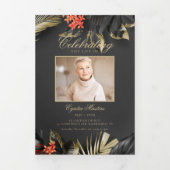 Elegant Zwart Goud Bloemen Foto Begrafenisprogramm Drieluik Uitnodiging (Cover)