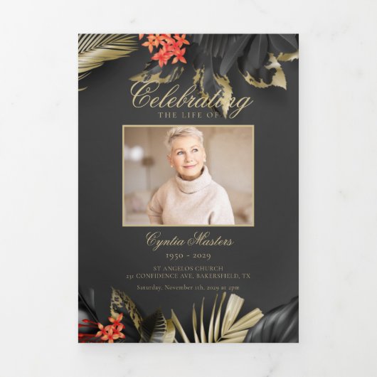 Elegant Zwart Goud Bloemen Foto Begrafenisprogramm Drieluik Uitnodiging (Cover)
