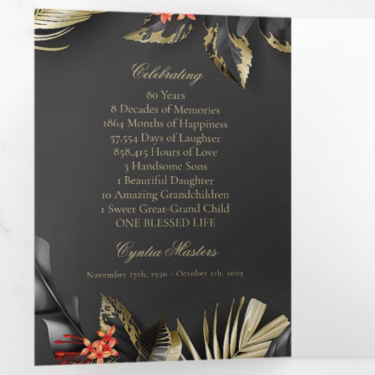 Elegant Zwart Goud Bloemen Foto Begrafenisprogramm Drieluik Uitnodiging (Binnenzijde eerst)