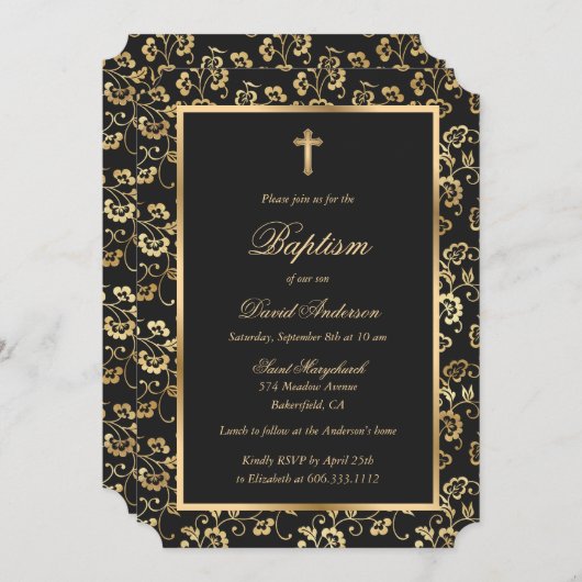 Elegant Zwart Goud Bloemen Jongen Doop Kaart (Voorkant / Achterkant)