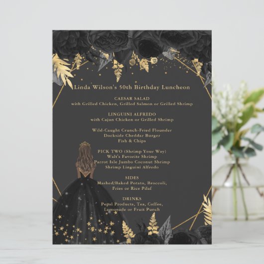 Elegant Zwart Goud Bloemen Prinses Menu (Staand voorkant)
