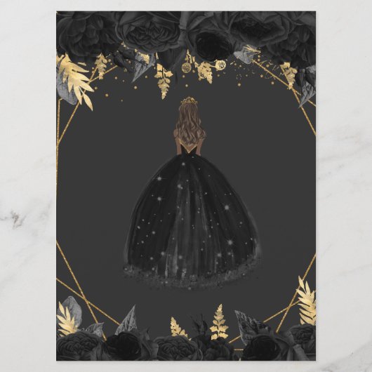 Elegant Zwart Goud Bloemen Prinses Menu (Achterkant)