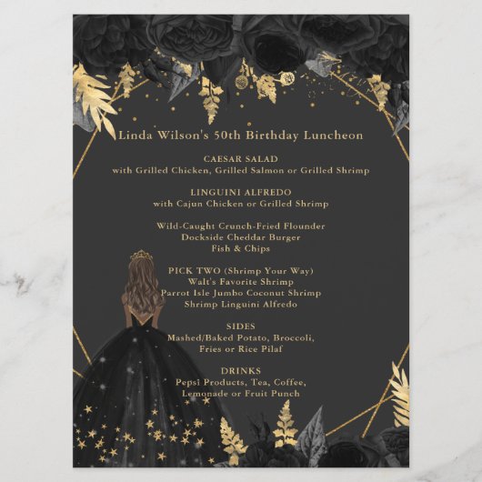 Elegant Zwart Goud Bloemen Prinses Menu (Voorkant)