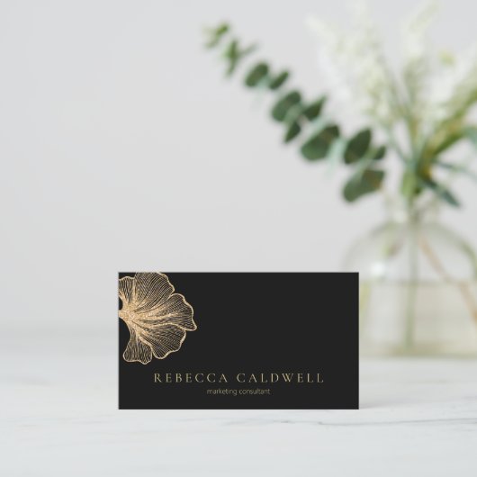 Elegant Zwart Goud Bloemen QR Code Visitekaartje (Staand voorkant)