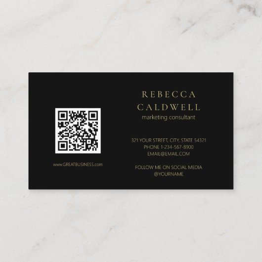 Elegant Zwart Goud Bloemen QR Code Visitekaartje (Achterkant)
