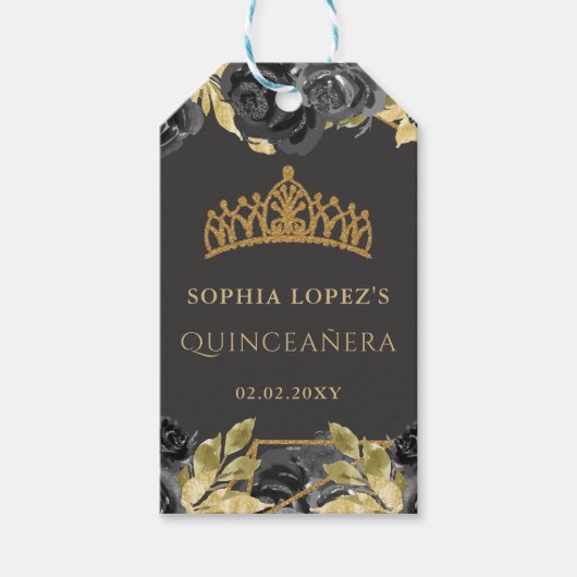 Elegant Zwart Goud Bloemen Tiara Quinceanera Cadeaulabel (Voorkant)