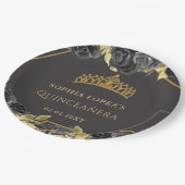Elegant Zwart Goud Bloemen Tiara Quinceanera Papieren Bordje (Gekanteld)