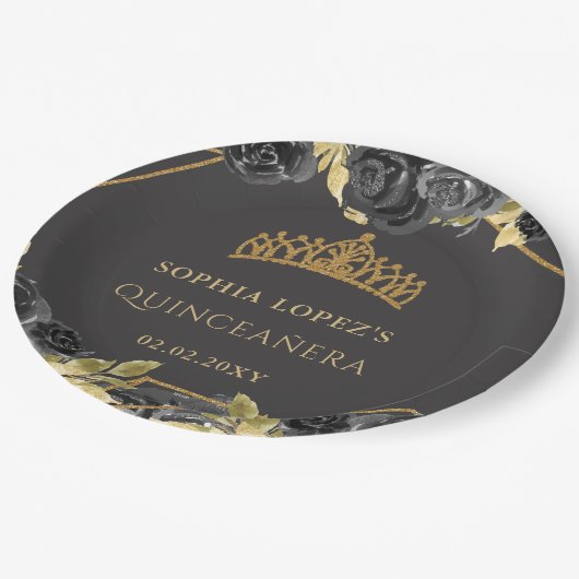 Elegant Zwart Goud Bloemen Tiara Quinceanera Papieren Bordje (Gekanteld)