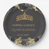 Elegant Zwart Goud Bloemen Tiara Quinceanera Papieren Bordje (Voorkant)