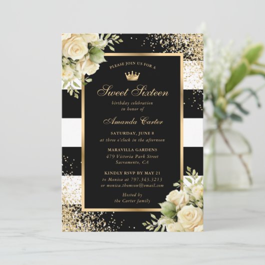 Elegant Zwart Goud Bloemen Zoet Zestien Verjaardag Kaart (Staand voorkant)