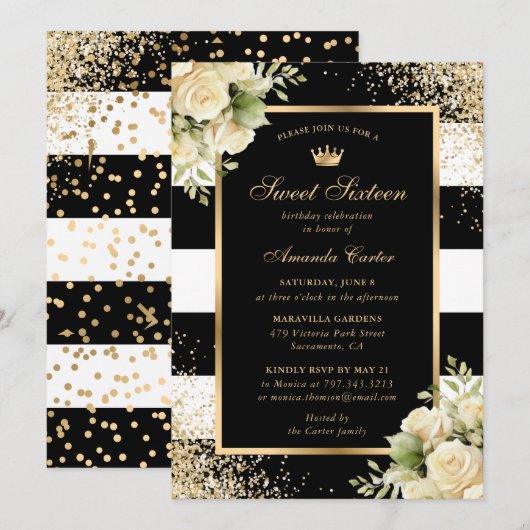 Elegant Zwart Goud Bloemen Zoet Zestien Verjaardag Kaart (Voorkant / Achterkant)