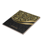 Elegant zwart & goud bloemendamast patroon tegeltje (Zijkant)