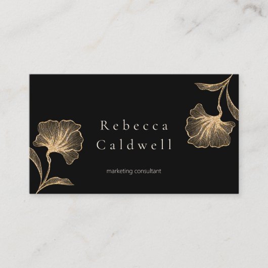 Elegant zwart goud bloemenvrouwelijk visitekaartje (Voorkant)
