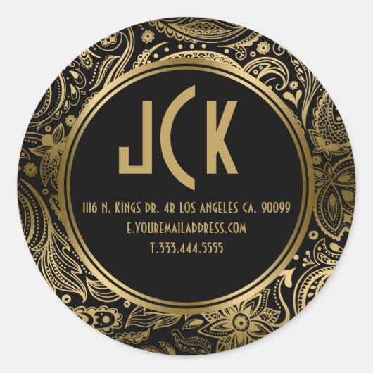 Elegant zwart & goud bloemig paisley patroon ronde sticker (Voorkant)