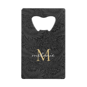 Elegant Zwart Goud Bloemrijk Schrift Monogram Creditkaart Flessenopener
