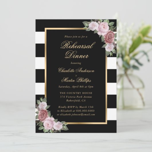 Elegant zwart goud blos bloemenrepetitie diner kaart (Staand voorkant)