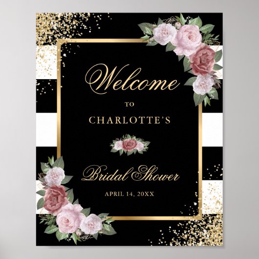 Elegant Zwart Goud Blush Bloemen Vrijgezellenfeest Poster (Voorkant)