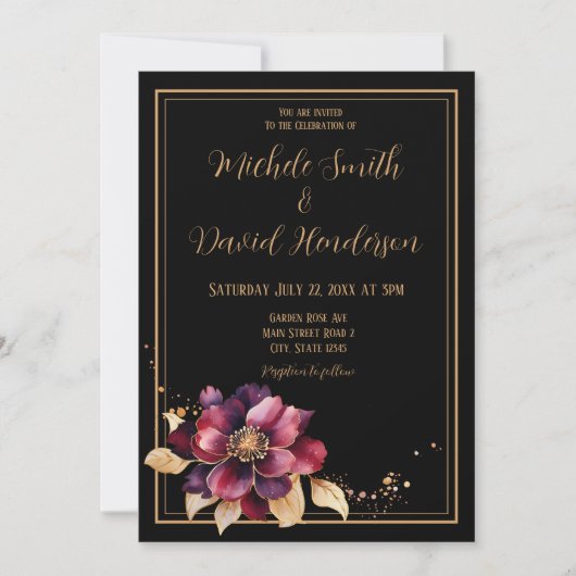 Elegant zwart goud bordeaux dubbelzijdig bruiloft kaart (Voorkant)