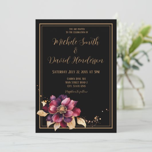 Elegant zwart goud bordeaux dubbelzijdig bruiloft kaart (Staand voorkant)