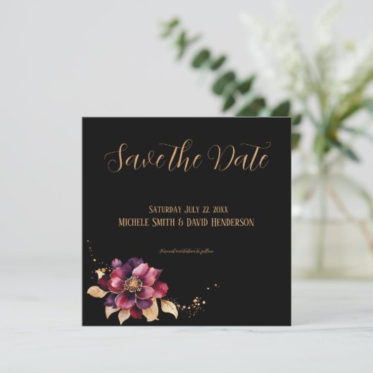 Elegant zwart goud bordeaux zijkant Save the Date Kaart (Staand voorkant)