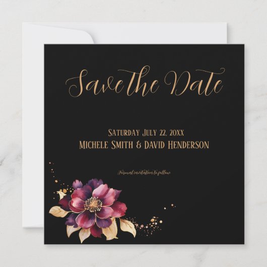 Elegant zwart goud bordeaux zijkant Save the Date Kaart (Voorkant)