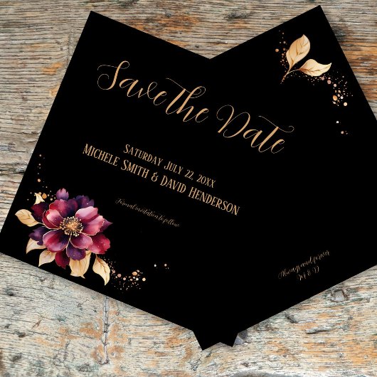 Elegant zwart goud bordeaux zijkant Save the Date Kaart