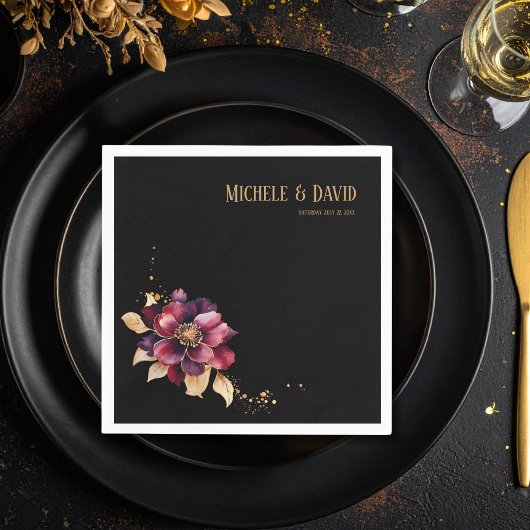 Elegant zwart goud bordeauxrood naamdatum Standaar Servet