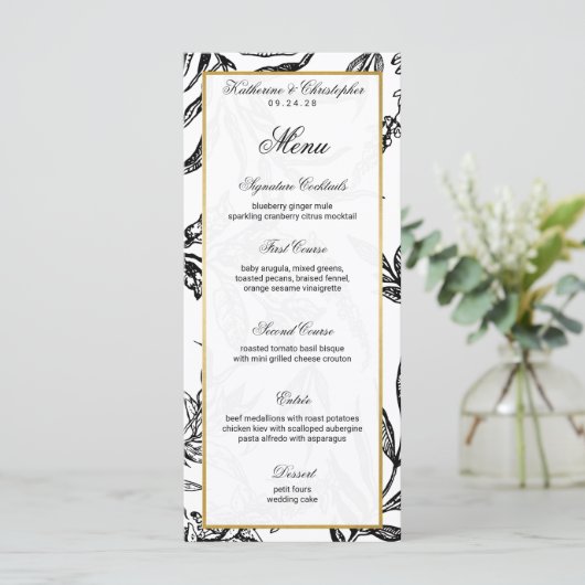 Elegant Zwart Goud Botanisch Wedding Menu (Staand voorkant)