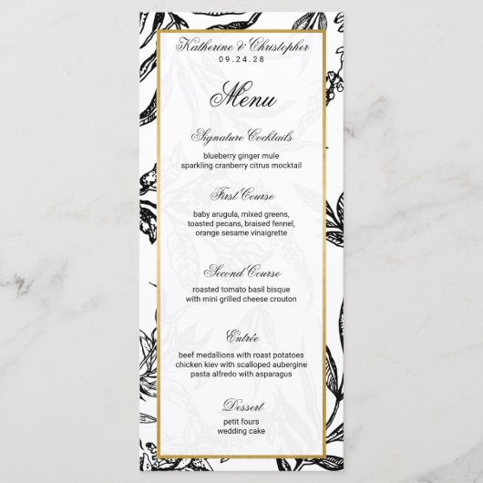 Elegant Zwart Goud Botanisch Wedding Menu (Voorkant)