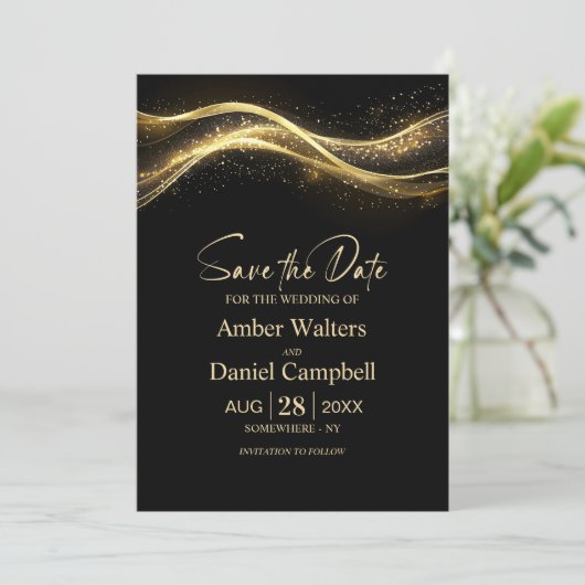 Elegant Zwart Goud Bruiloft Save the Date Kaart (Staand voorkant)