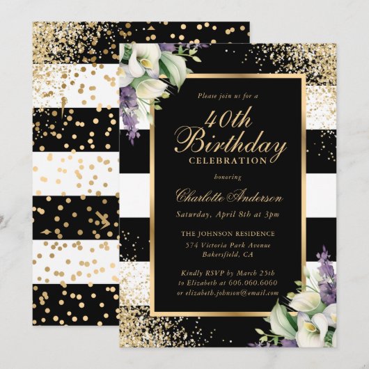 Elegant zwart goud Calla Lily 40e verjaardag Kaart (Voorkant / Achterkant)