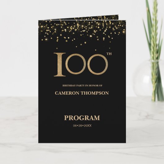 Elegant zwart goud confetti Aangepaste 100e verjaa Programma (Voorkant)