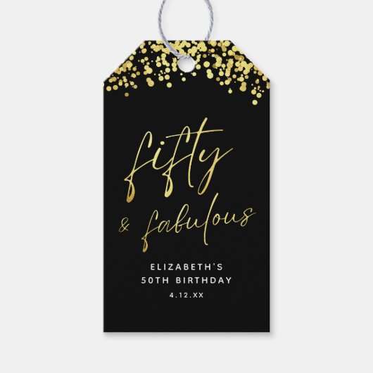 Elegant Zwart Goud Confetti Fifty en Fabulous Cadeaulabel (Voorkant)