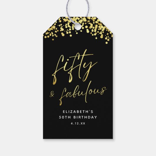 Elegant Zwart Goud Confetti Fifty en Fabulous Cadeaulabel (Achterkant)