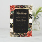 Elegant Zwart Goud Confetti Rode Rozen Verjaardag Kaart (Staand voorkant)