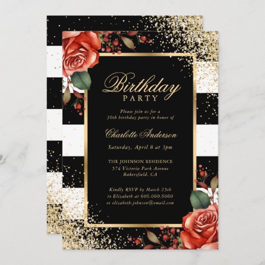 Elegant Zwart Goud Confetti Rode Rozen Verjaardag Kaart (Voorkant / Achterkant)