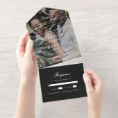 Elegant Zwart Goud Confetti Stippen Fotobruiloft All In One Uitnodiging (Uittrekbaar)