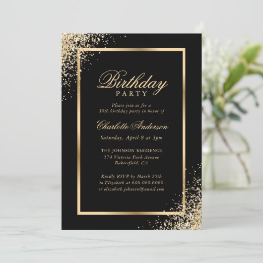 Elegant Zwart Goud Confetti Verjaardagsfeest Kaart (Staand voorkant)
