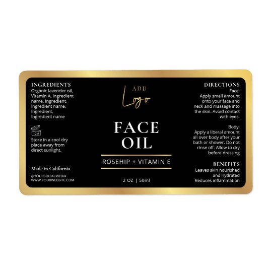 Elegant Zwart Goud Cosmetische Huidverzorging Fles Etiket (Voorkant)