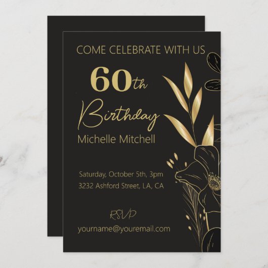 Elegant Zwart Goud Custom 60e Verjaardag Elke Leef Kaart (Voorkant / Achterkant)