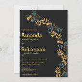 Elegant zwart goud cyaan groen loof bruiloft kaart (Voorkant)