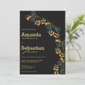 Elegant zwart goud cyaan groen loof bruiloft kaart (Staand voorkant)
