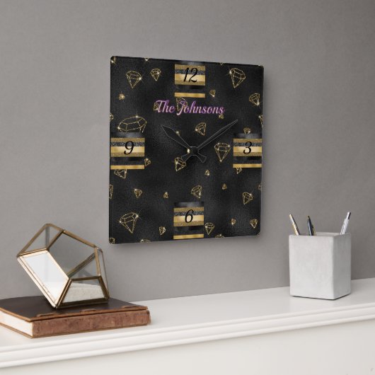 Elegant zwart & goud diamant ontwerp vierkante klok (Kantoor)