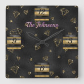 Elegant zwart & goud diamant ontwerp vierkante klok (Voorkant)