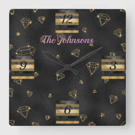 Elegant zwart & goud diamant ontwerp vierkante klok