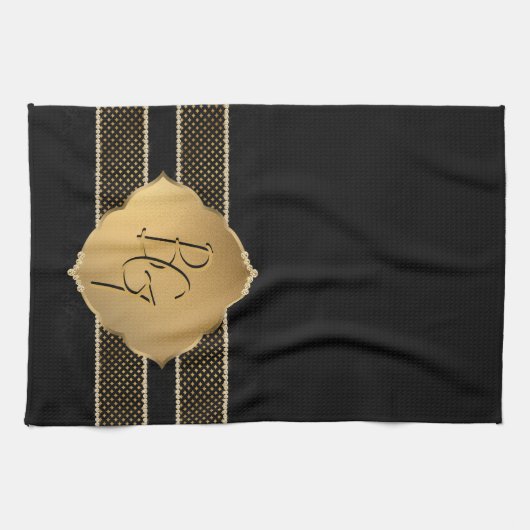 Elegant Zwart Goud Diamant Vorm Monogram Initialen Theedoek (Horizontaal)