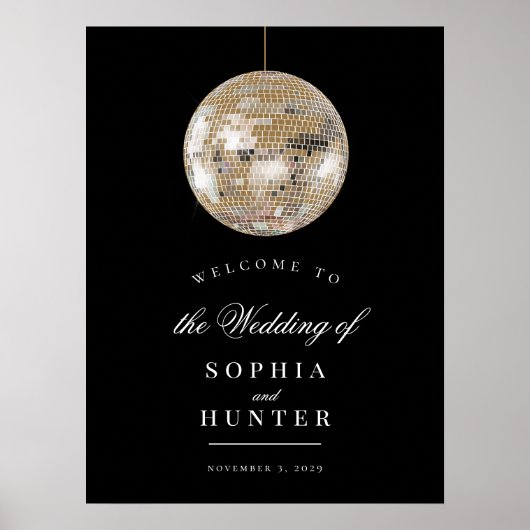 Elegant Zwart Goud Disco Bal Bruiloft Welkomstbord Poster (Voorkant)