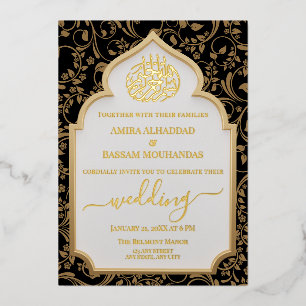 Elegant Zwart & Goud Echte Folie Islamitische Brui Uitnodiging